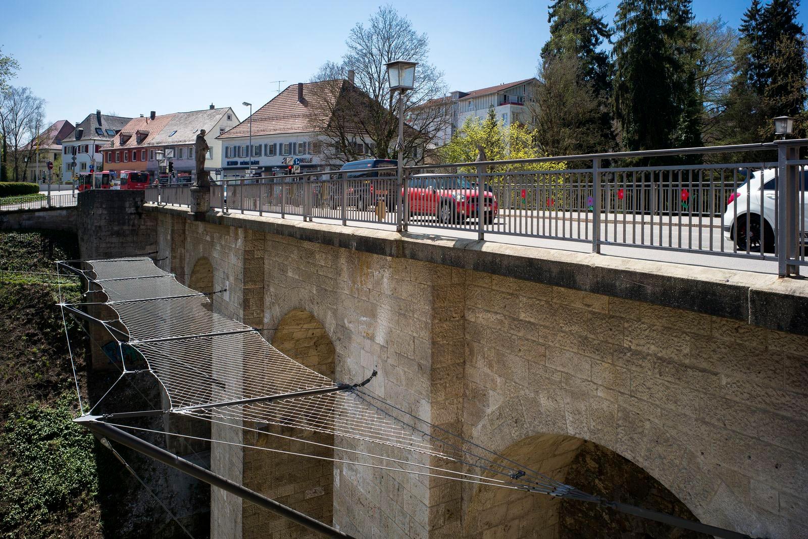 The Hochbrücke in Rottweil, Germany, with a safety and suicide prevention net by Jakob Rope Systems