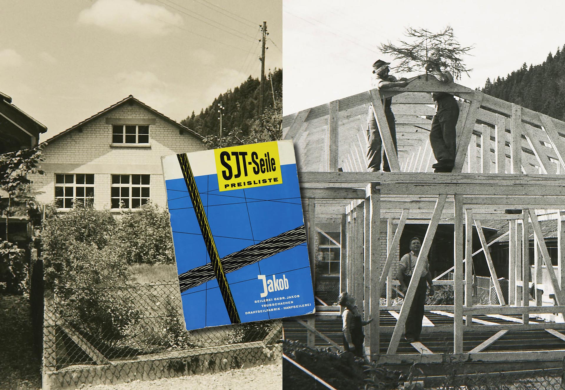 Images of the new office building, the topping-out ceremony and the cover of a price list from 1960