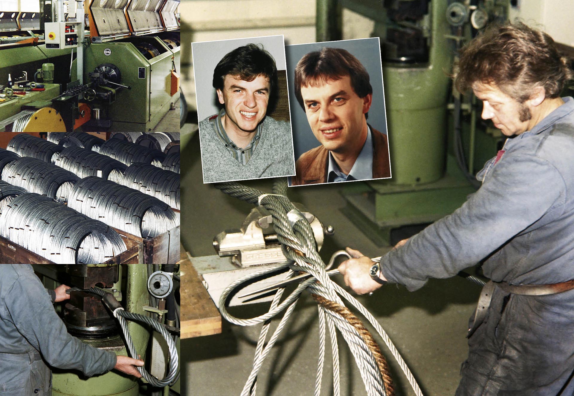 Images of wire rope production in the 1980s and Martin and Peter Jakob