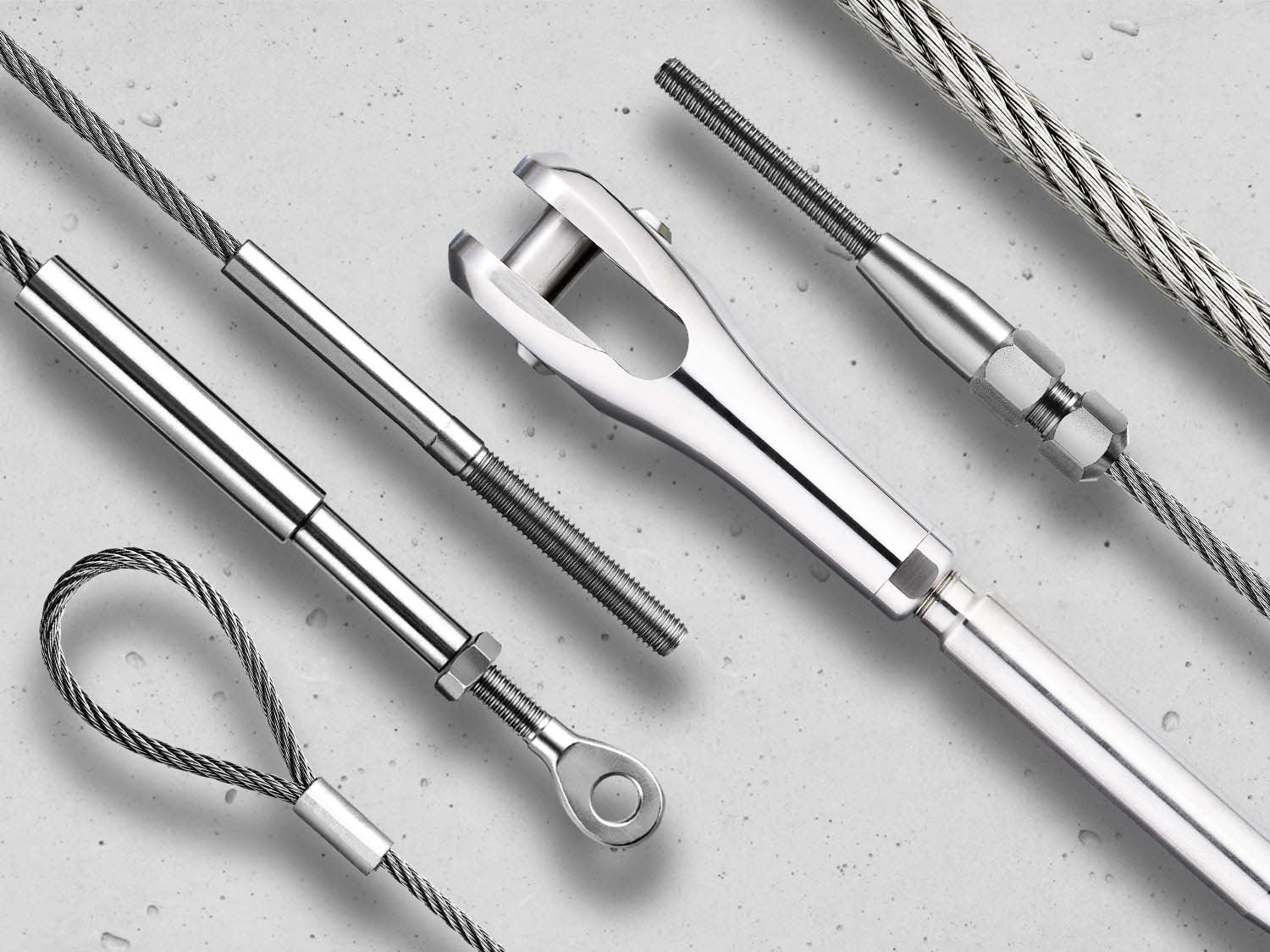 A selection of Jakob stainless steel architectural ropes and fittings