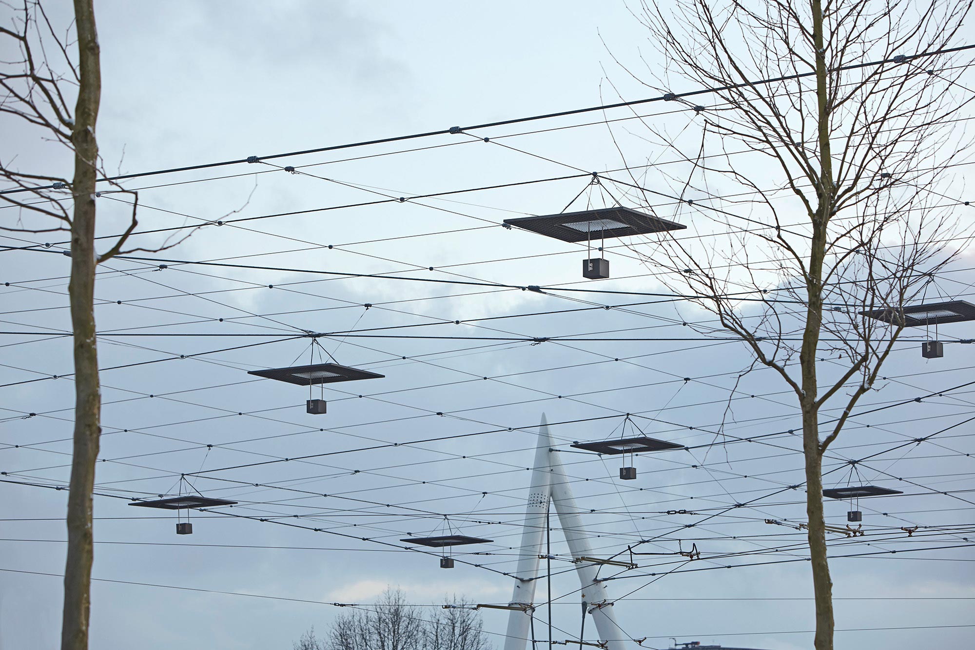 Lamps mounted on a suspension installation of steel cables by Jakob Rope Systems in Berne, Switzerland
