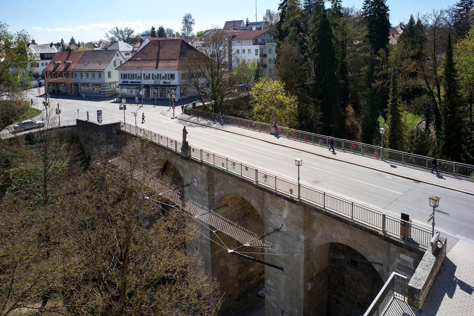 View from above the bridge with street and safety net