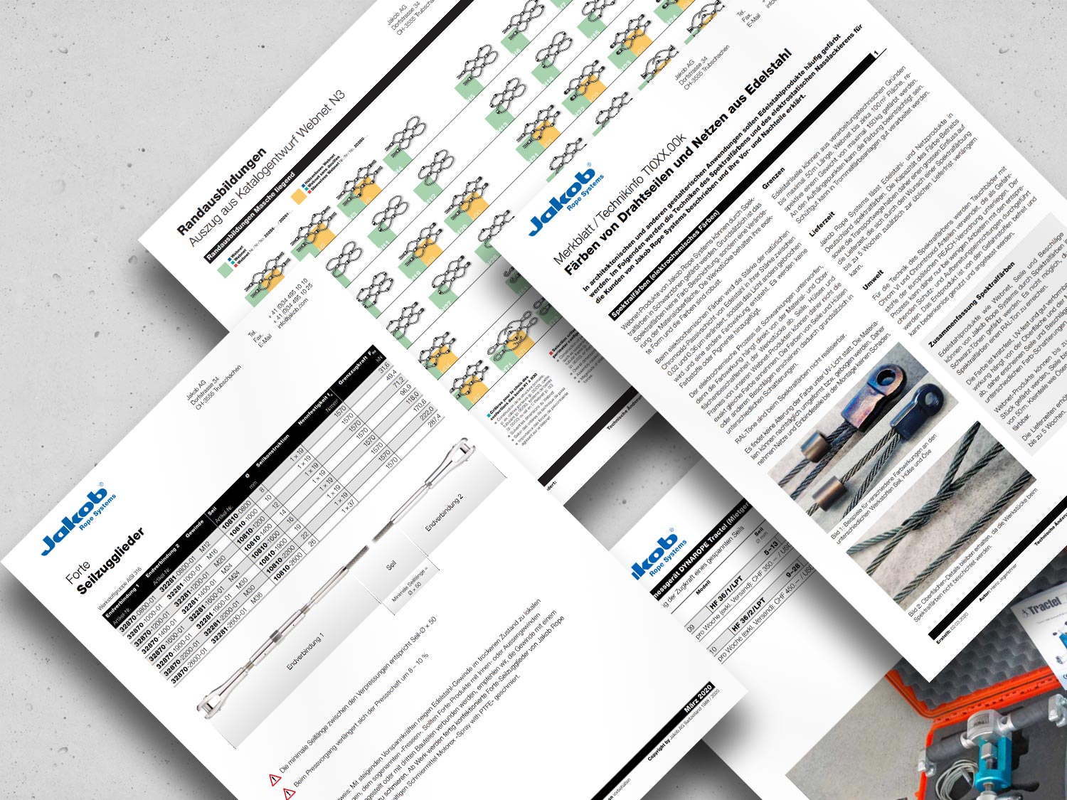Collage of technical information sheets by Jakob