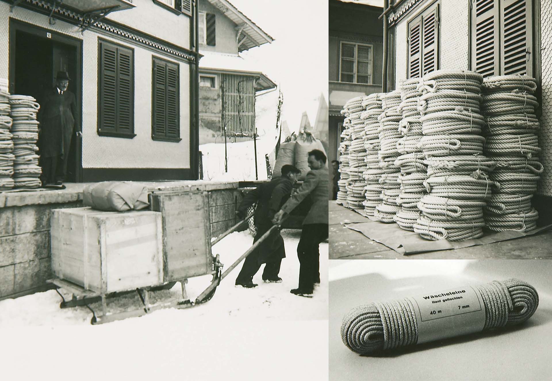 Transport of the products, hemp ropes, by sleigh to Trubschachen station in the 1950s