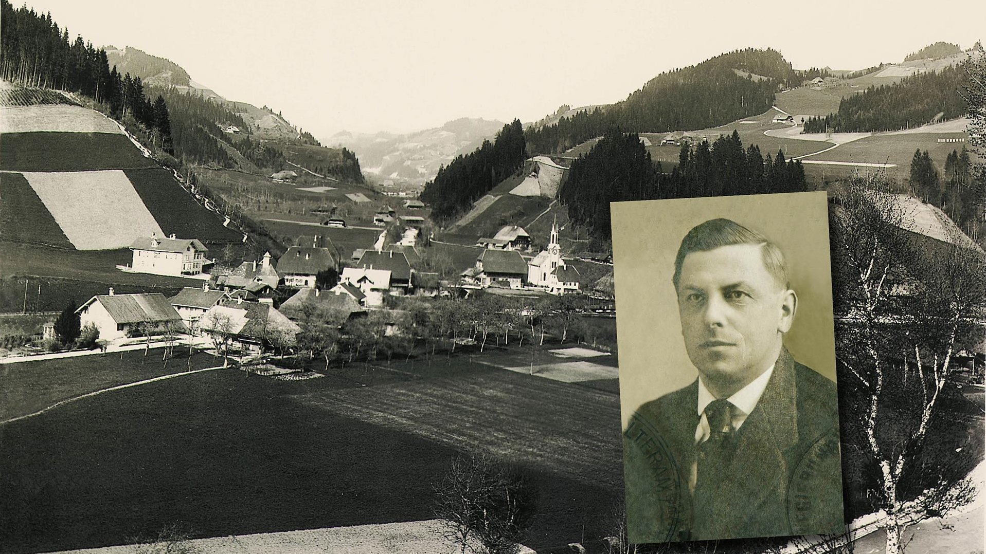 Image collage with foto of Trubschachen 1904 and a portrait of Hans Jakob