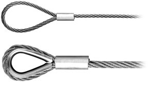 Two stainless steel wire ropes with loops with and without timble