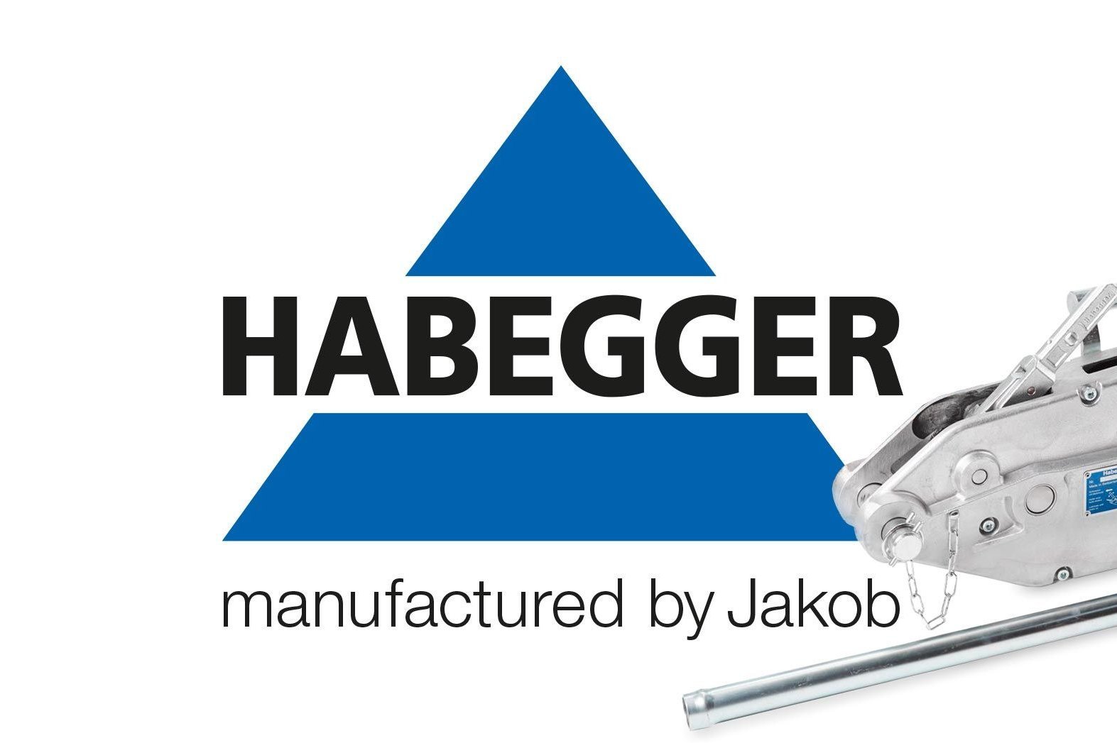 The new Habegger logo with the claim 'manufactured by Jakob' and a Habegger multi-purpose hoist